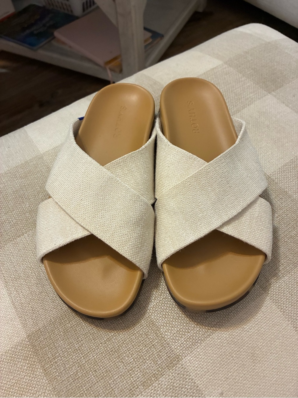 Rothy's Cream Crossband Slide Mules with Tan Footbed